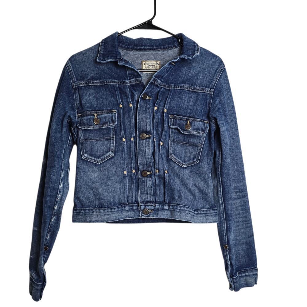 Vintage Polo Ralph Lauren S Small Dungaree Trucker Jacket Blue Distressed Denim - Picture 1 of 8